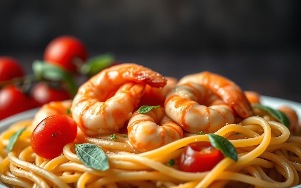 Krämig räkpasta med vitlök och grädde, serverad med persilja på toppen – en enkel och snabb vardagsrätt.