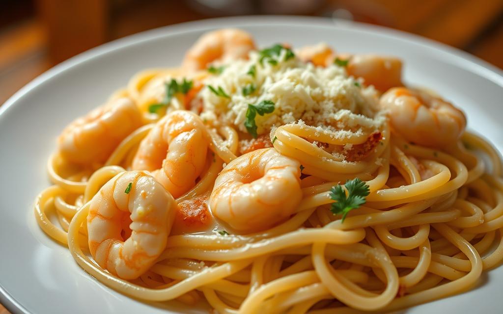 Krämig räkpasta med vitlök och grädde, serverad med persilja på toppen – en enkel och snabb vardagsrätt